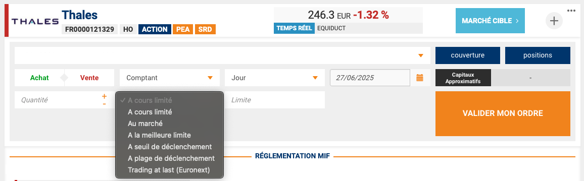 Exemple passage d'ordre bourse direct